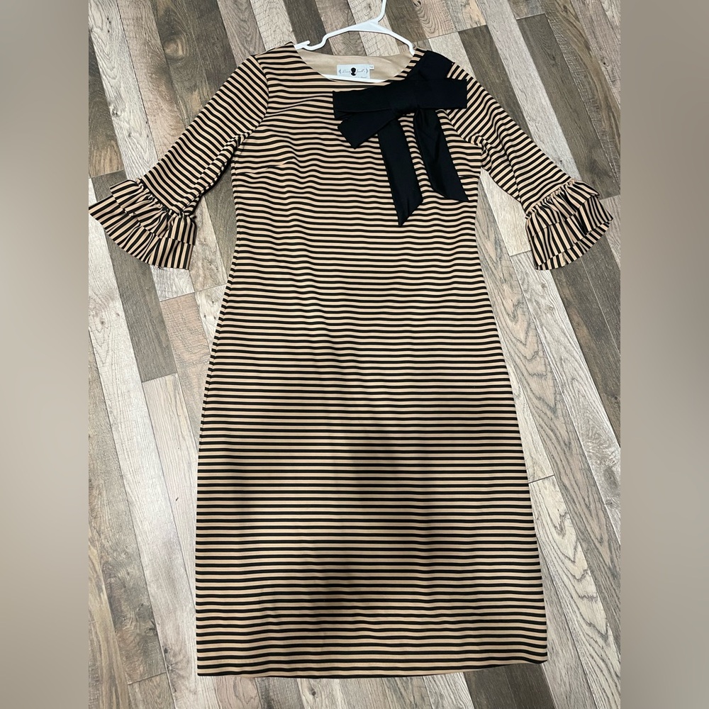 Dainty Jewells Black and Tan Striped Dress with Bow